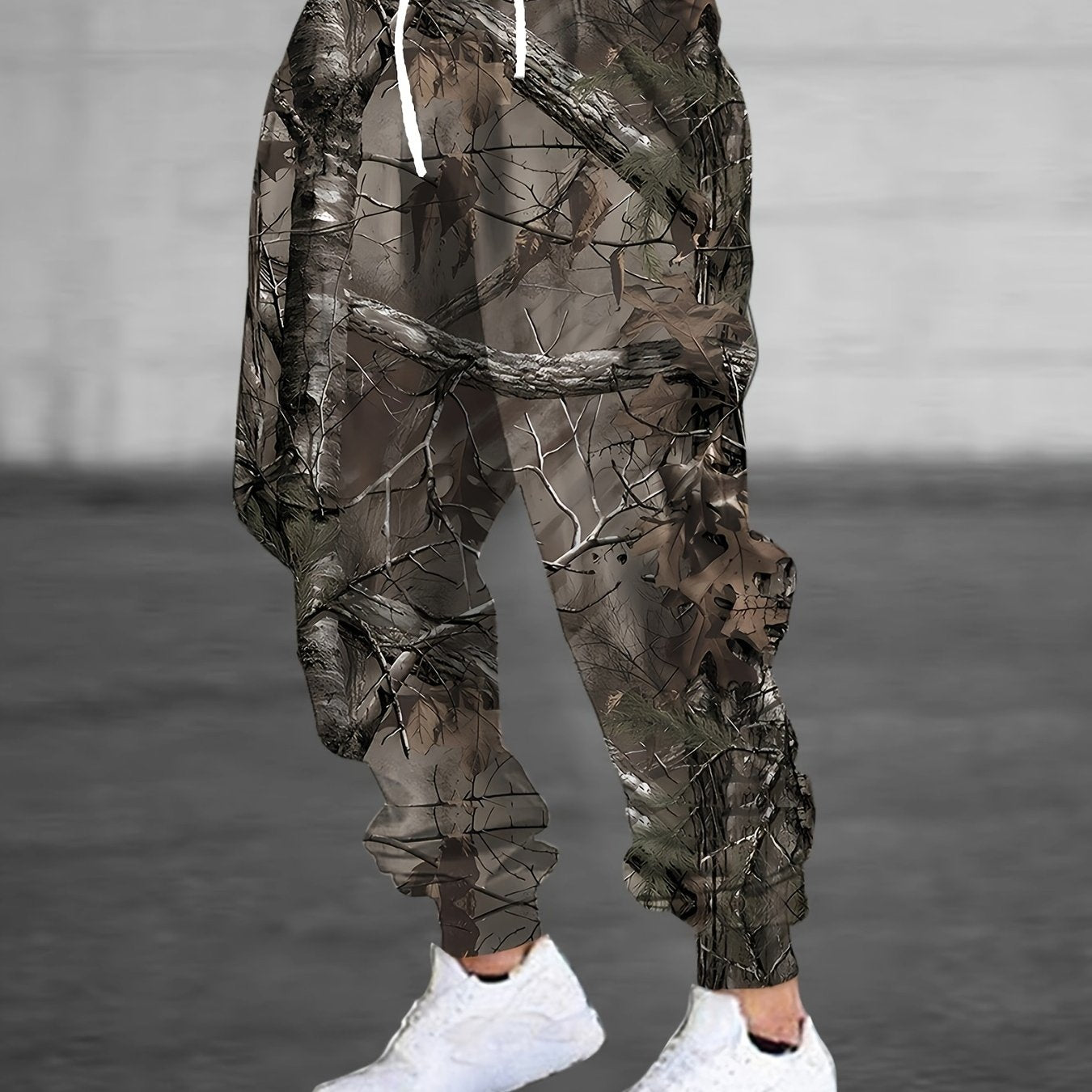 [3D Camo Hunting Pants] Polyester Blend Men's 3D Camo Hunting Pants with Drawstring & Pockets | Stylish Jogger Sweatpants, All-Over Print, Casual Outdoor Wear for Hiking & Hunting