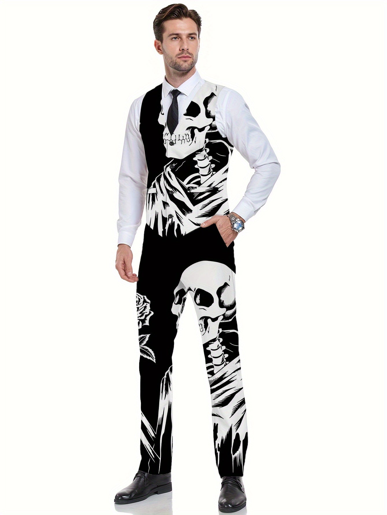 [Gothic Style Vest Set] 2pcs Men's Fashion Vest + Trousers Set | Black and White Double-Skeleton Element Rose Gothic Style Business Formal Printed Suit Vest and Pants Combination Digital Print Men's Dress Suit