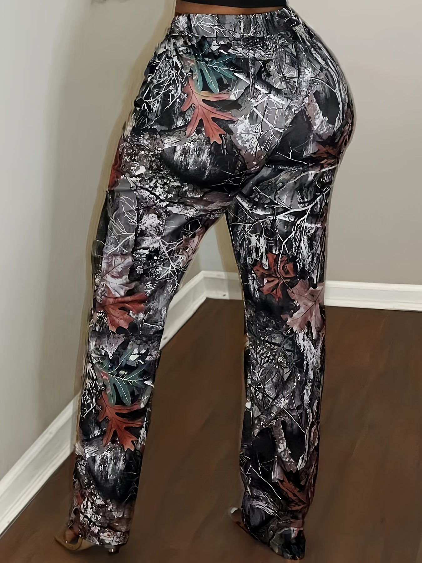 Sexy High-Waist Chic Camo & Branch Print Skinny Pants for Women - Stretchy Polyester Blend, Machine Washable, Slimming, European And American Style