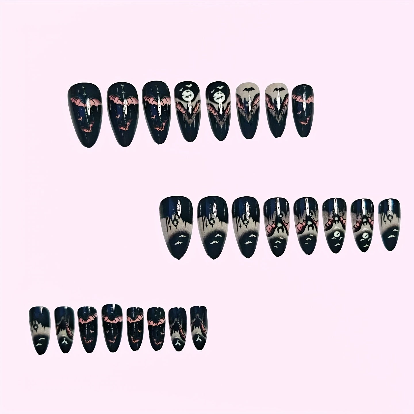 24pcs Halloween Moonlit Bat Nail Art Set: "Moonlit Night" Atmosphere, "Bat Shock" Highlighting Halloween Elements and Thrill Wearable Removable Nail Extensions