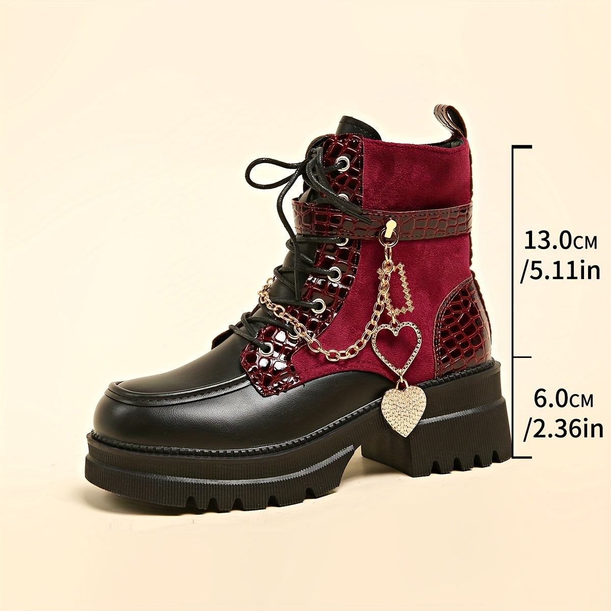 Women'S Chunky Platform Ankle Boots with Heart Metal Chain Accent - Red & Punk Style Zipper Closure, Thick Platform Heel, Synthetic Cover Upper & Rubber Sole