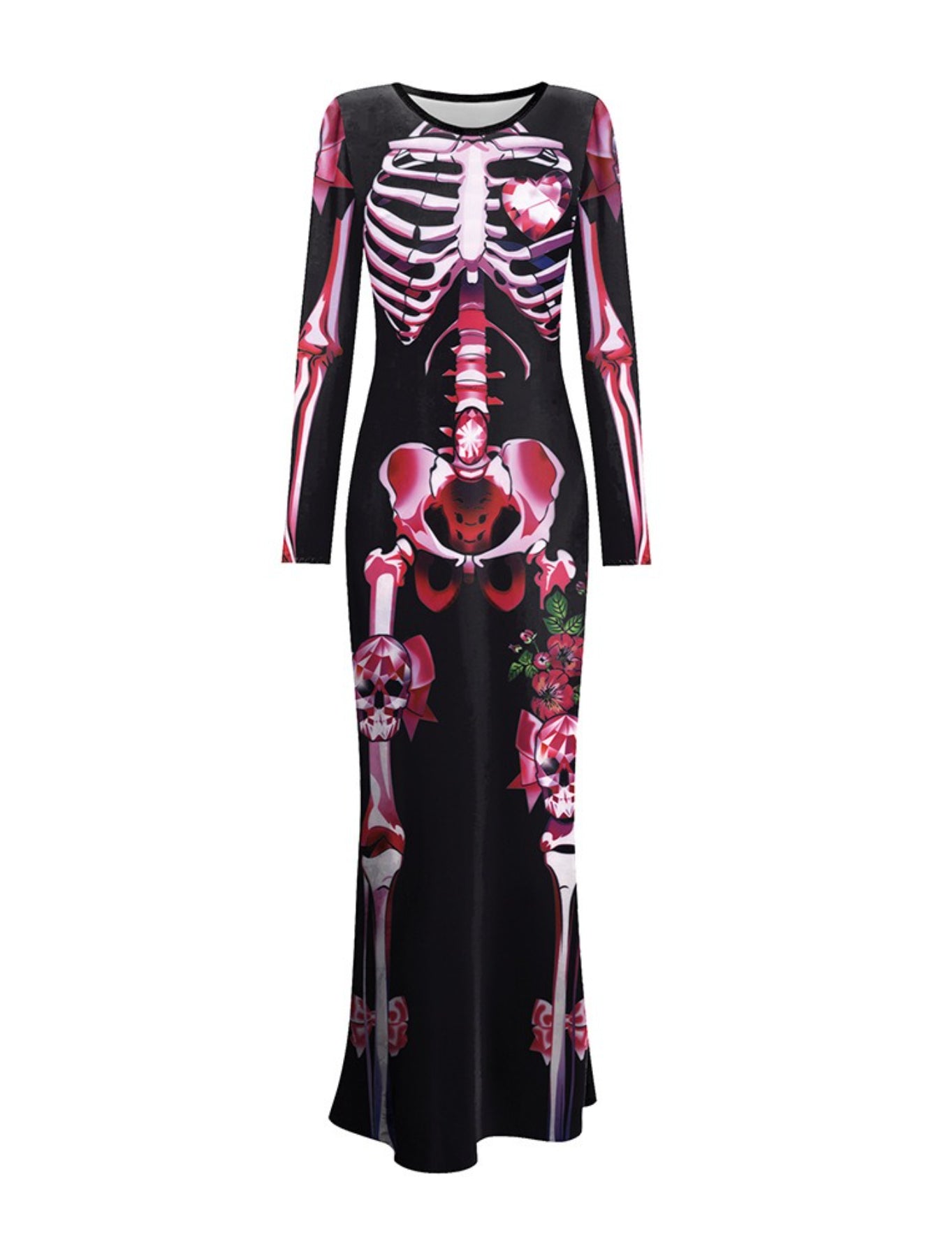 Women'S 2025 Halloween Skeleton Print Bodycon Dress - Sexy Gothic Long Sleeve Full-Body Skeleton & Rose Patterned Tight-Fit Elegant Dress with Round Neck, Spooky Theme Party Outfit for Costume Parties, Cosplay & Themed Events