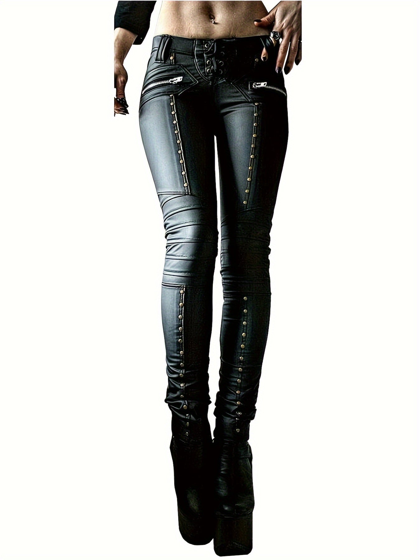 Women's Gothic Punk Skinny Leggings - High-Waisted PU Motorcycle Trousers with Lace-Up Details, Rock Club Style, Black, Stretchy & Comfortable Fit for Spring/Fall