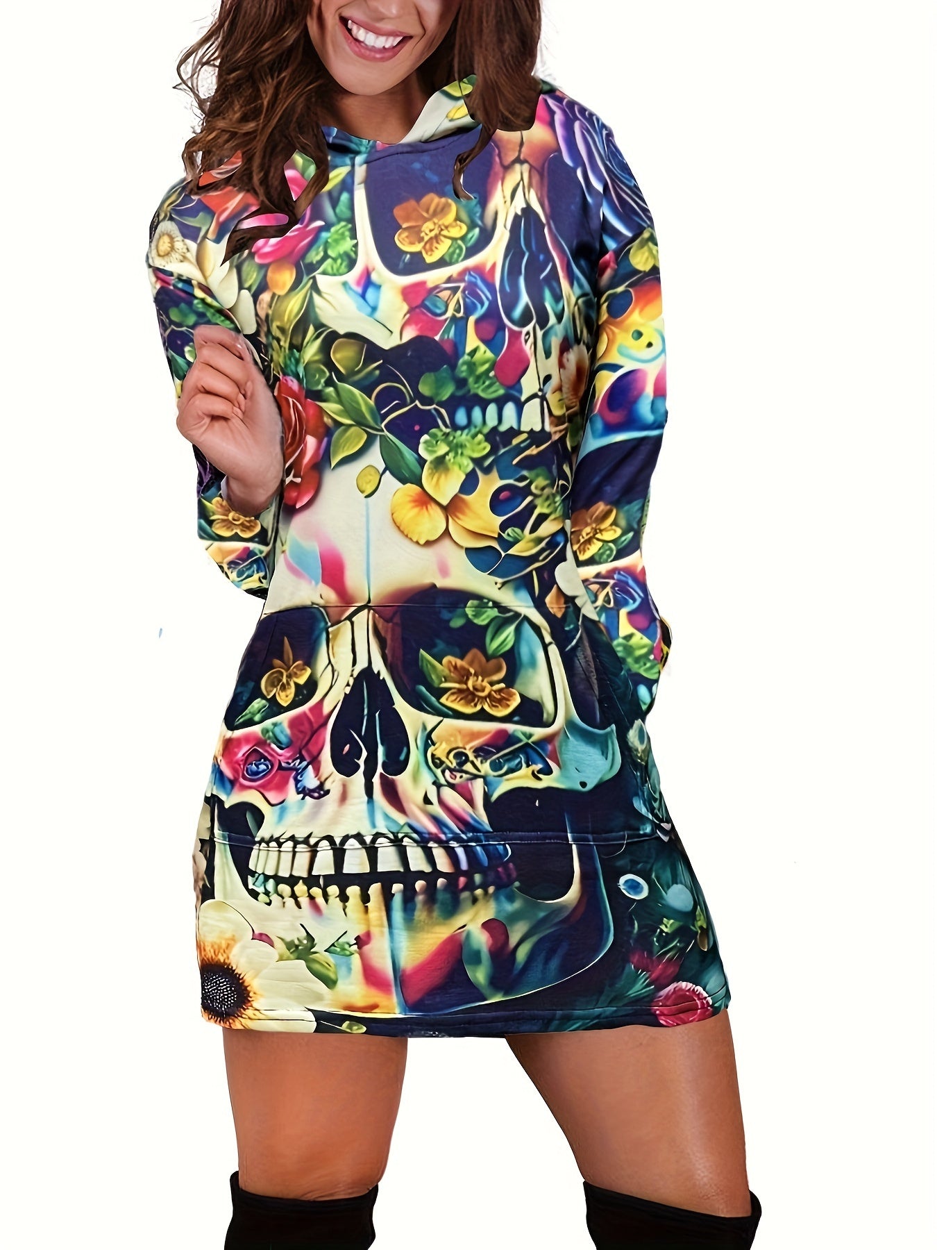 1pc Women'S Colorful Skull Hoodie Dress, Casual Polyester Knit with Slight Stretch, Long Sleeve Hooded Pullover with Pockets, All Over Print Loose Fit, Fall/Winter Fashion