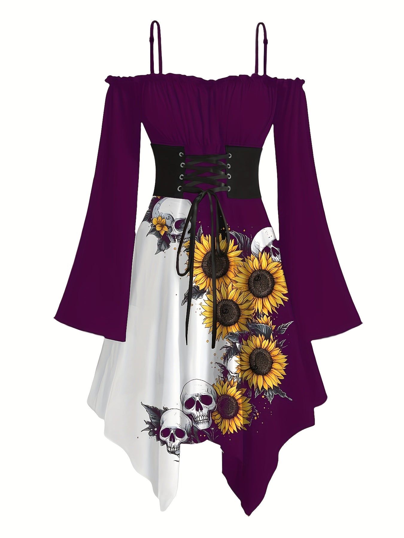 Women's Gothic Victorian-Inspired Sunflower & Skull Print Maxi Dress - Lace-Up Front with Ruffled Off-Shoulder Spaghetti Strap, Asymmetrical Hem & Bell Sleeves, Machine Washable A-Line Silhouette for Halloween, Themed Parties