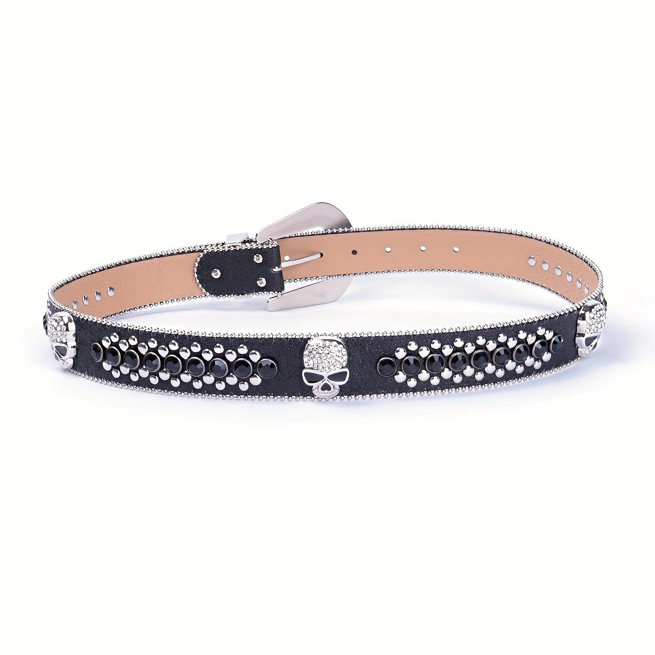 YIQIFEFA Punk Rhinestone & Stud Skull Belt for Women - Sparkling Black PU Western Cowboy Style Belt with Metallic Accents, Casual Outing to Party Accessory, Evening Accessory, Edgy Fashion Accessory, Stylish Craftsmanship, Al