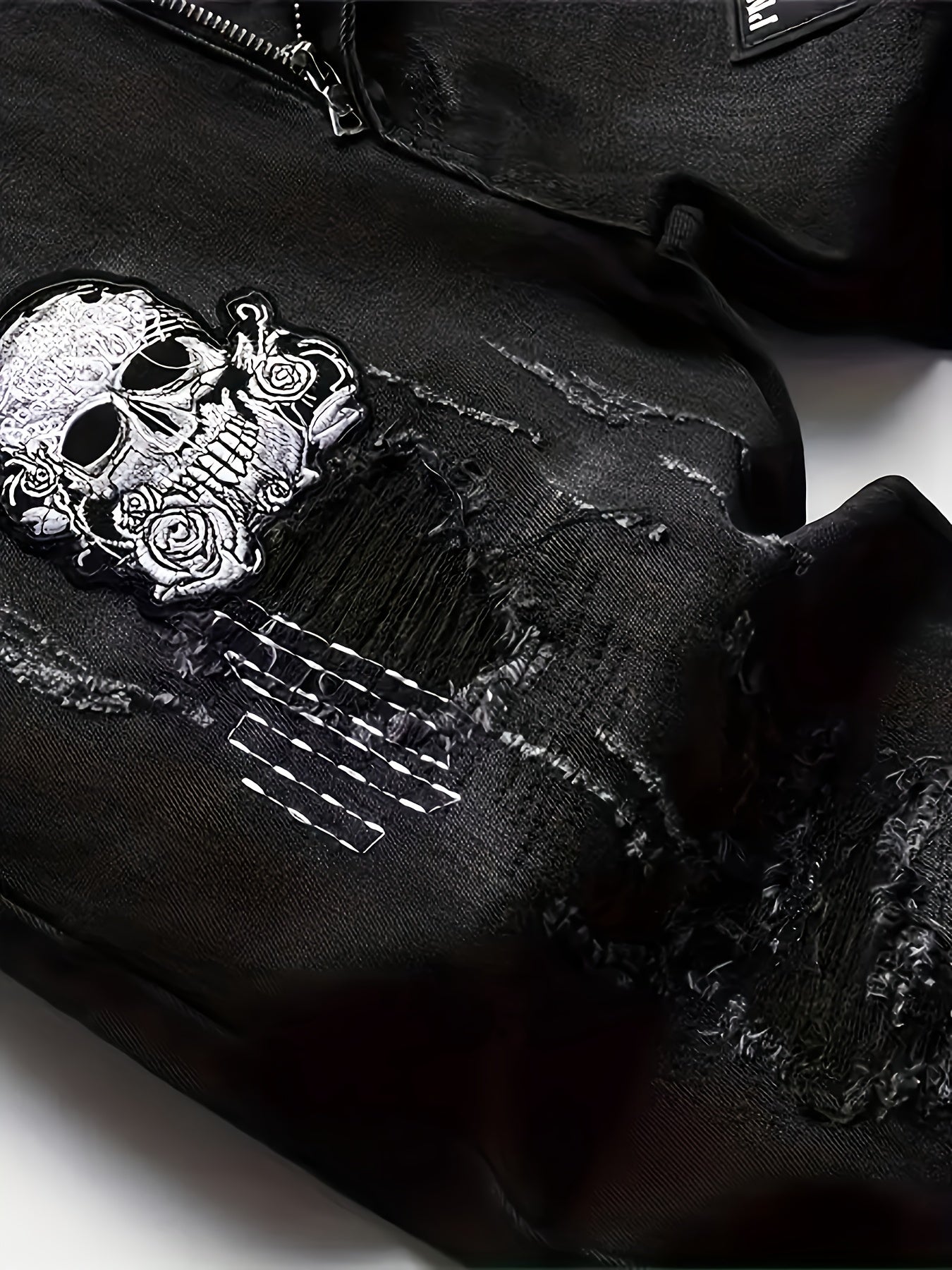 Men'S Streetwear Embroidered Distressed Straight-Leg Jeans - Slim Fit, Washed Denim with Skull & Crossbones Design, Zipper Fly, All-Season Casual Wear, Streetwear Jeans | Edgy Streetwear | Detailed Embroidery