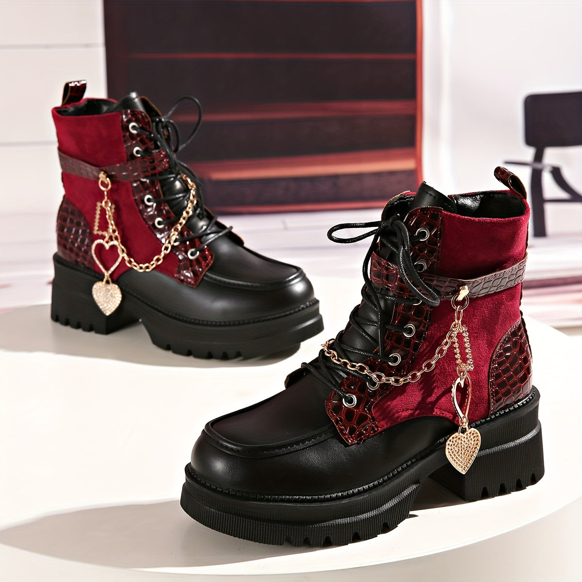 Women'S Chunky Platform Ankle Boots with Heart Metal Chain Accent - Red & Punk Style Zipper Closure, Thick Platform Heel, Synthetic Cover Upper & Rubber Sole