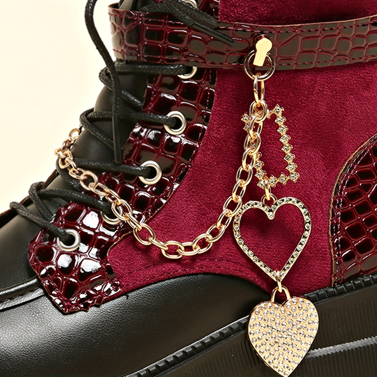 Women'S Chunky Platform Ankle Boots with Heart Metal Chain Accent - Red & Punk Style Zipper Closure, Thick Platform Heel, Synthetic Cover Upper & Rubber Sole