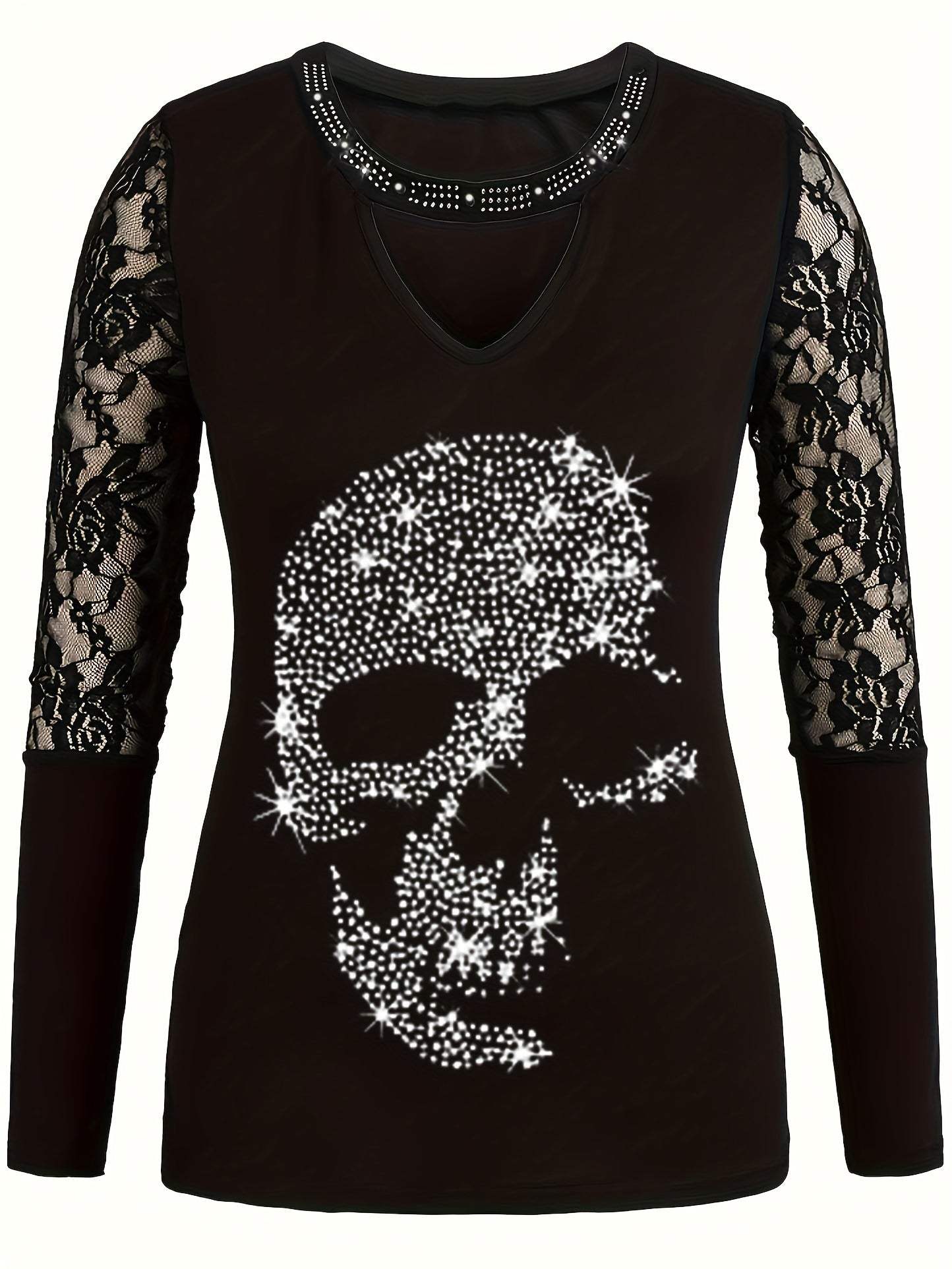 Elegant Rhinestone Skull Long Sleeve T-Shirt for Women - Stretchy Polyester Blend, Crew Neck, Perfect for Fall, Autumn, Fashion