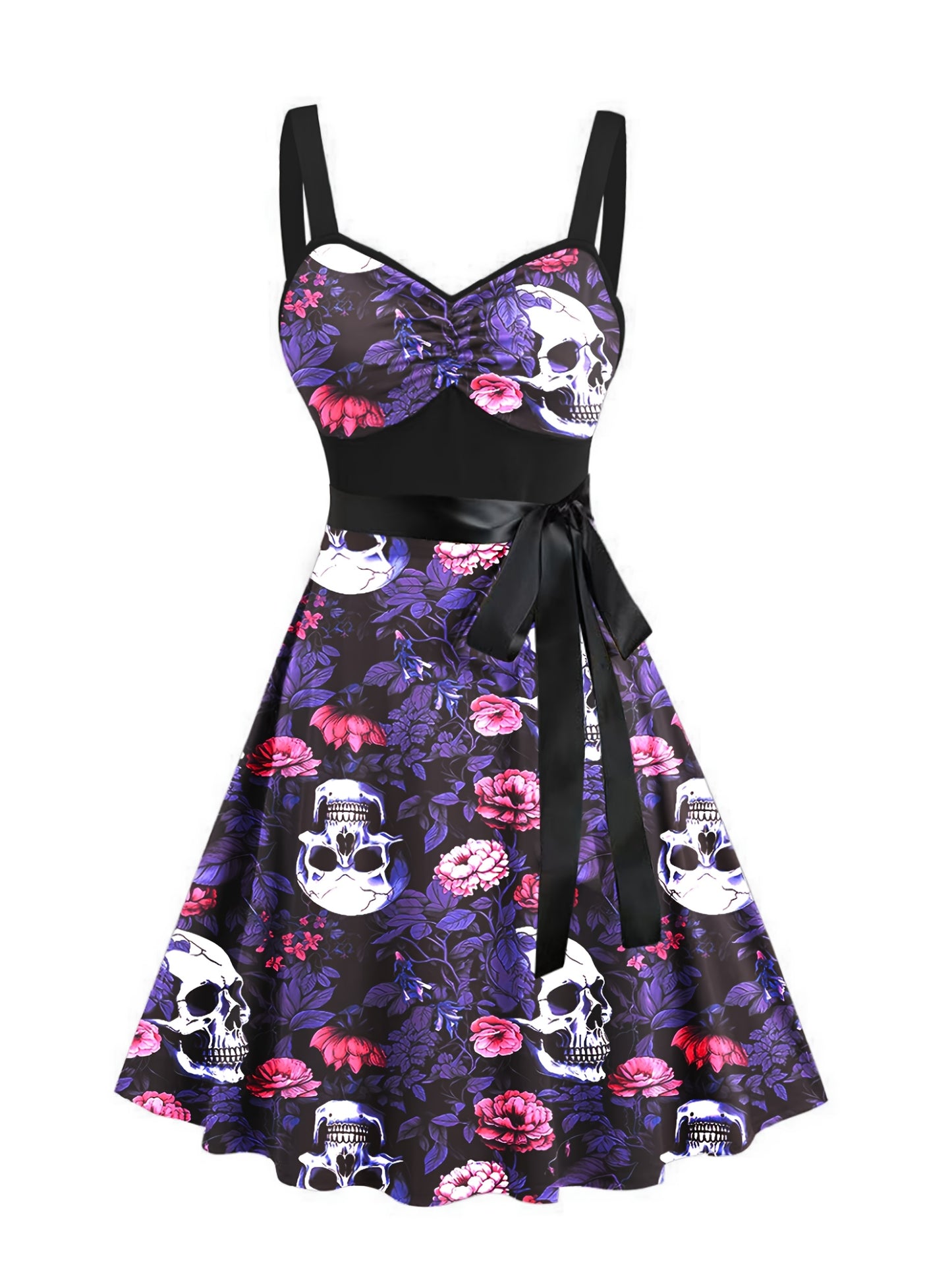 Women'S Floral Skull Print Pleated Bodice Sleeveless Summer Camisole Dress with Belt