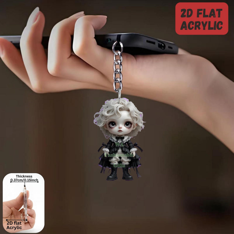 2D Flat, 1pc or 6pcs Gothic Horror Doll Keychain - Cute Gothic with Expressive Eyes, Flat 2D Flat Design with Black Hair & White Face Paint - Compatible with Backpacks, Cars, Phones, Keys - Spooky Accessory for Halloween, Chr