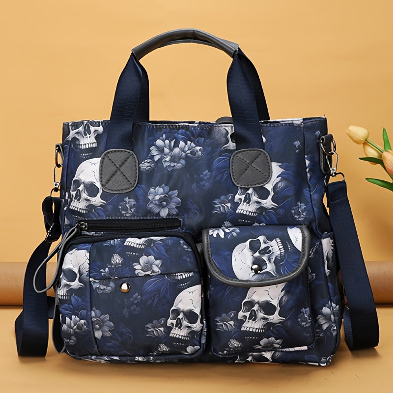 Perfect Lily Women's Punk Style Skull & Floral Print Crossbody Tote Bag - Red/Blue Nylon Multi-Pocket Handbag with Detachable Adjustable Shoulder Strap, Zipper Closure & Polyester Lining for Daily Commute, Work, Casual Outing