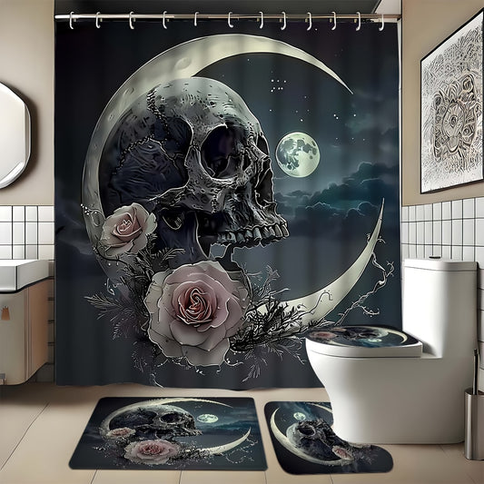 1/4pcs Creative Skull and Moon Bathroom Set, Full Set, Non-Slip Bath Mat, U-shaped Carpet, Toilet Mat, High Quality Shower Curtain with 12 Durable Hooks, Exquisite Bathroom Decorations and Accessories, Suitable for All Styles