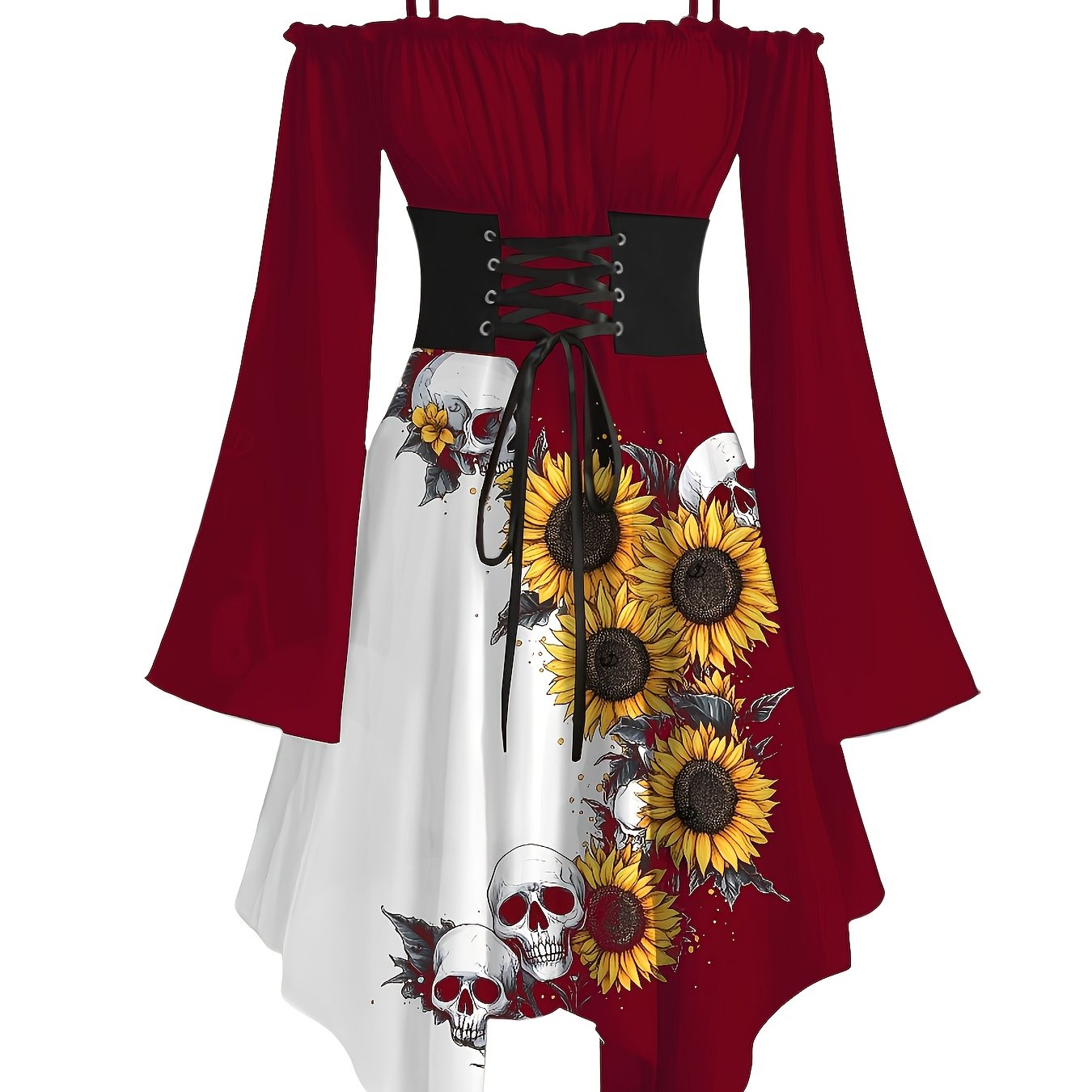 Women's Gothic Victorian-Inspired Sunflower & Skull Print Maxi Dress - Lace-Up Front with Ruffled Off-Shoulder Spaghetti Strap, Asymmetrical Hem & Bell Sleeves, Machine Washable A-Line Silhouette for Halloween, Themed Parties