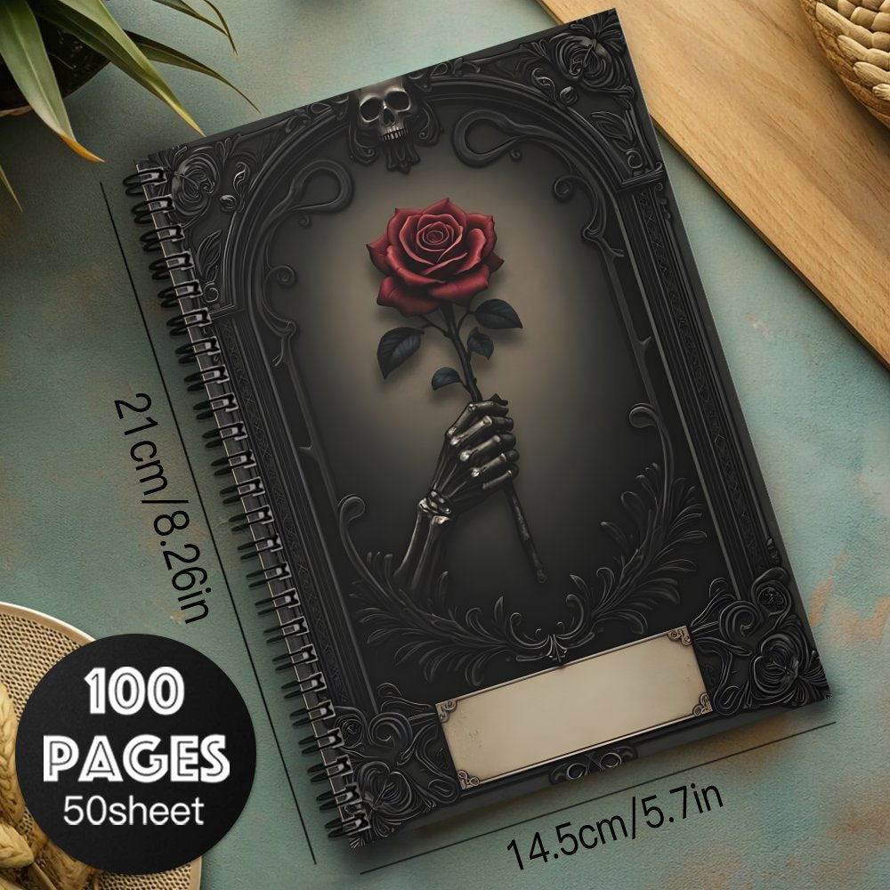 1pc Gothic Spiral Notebook Journal - Mystical Rose & Skull Design, Black with Golden Accents, 100 Pages, Perfect for Daily Writing, Travel, Office, or Gift for Teen Girls, Gothic Journaling | Skull Rose Design | Durable Spira