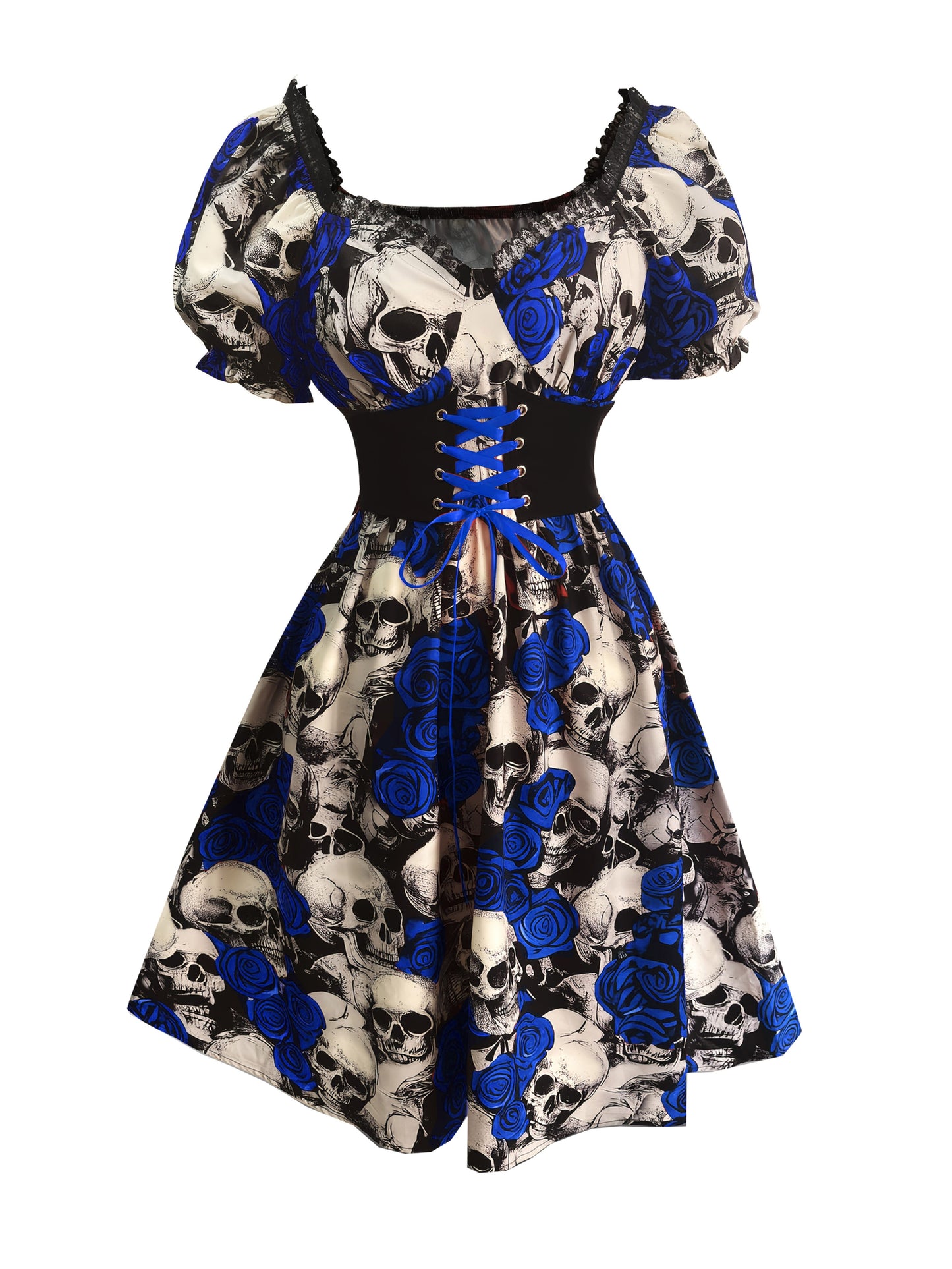Women's Gothic Y2K Skull & Rose Print Gothic Victorian-Style Dress with Ruffled Hem & Spaghetti Strap - Lace-like Sleeve Neckline, Corset Back Closure, Machine Washable - Elegant Party Outfit for Halloween, Day of the Dead, T