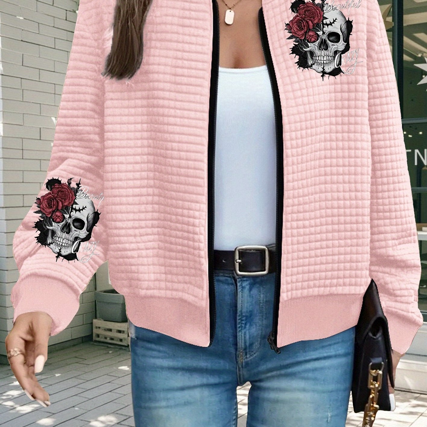 Women'S Gothic Chic Jacket - Black with Rose Skull Print, Baseball Collar Zip-Up Coat, Machine Washable Polyester Jacket for Everyday & Halloween Outfits - Edgy Outerwear, Halloween Clothes, Allseason Wear, Waffle Texture, Du