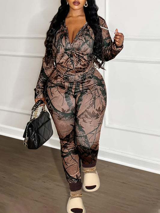 Plus Size Two-Piece Pants Set with Zipper Pockets, Camouflage & Solid Color, V-Neck, Long Sleeve - Athletic Wear for Women, Plus Size Pant
