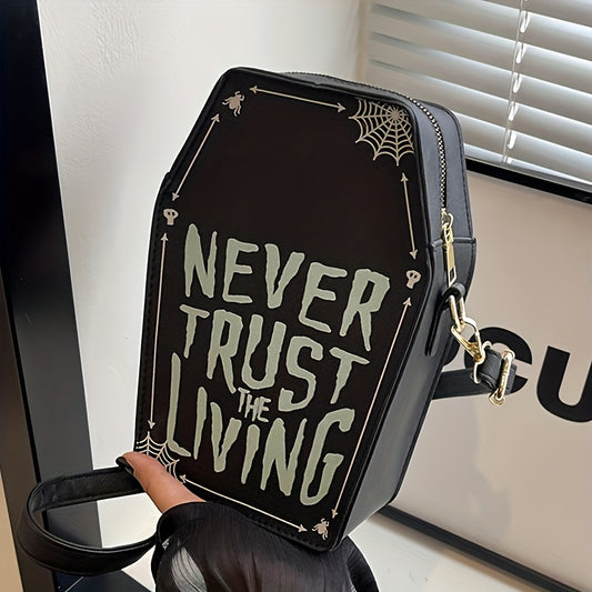 Perfect Halloween Coffin Bag • "Never Trust the Living" Design • Adjustable Strap • Zipper Closure • Polyester Lining • Dry Clean Only • Black Crossbody for Women • Halloween Costume Accessory • Trickory Desig