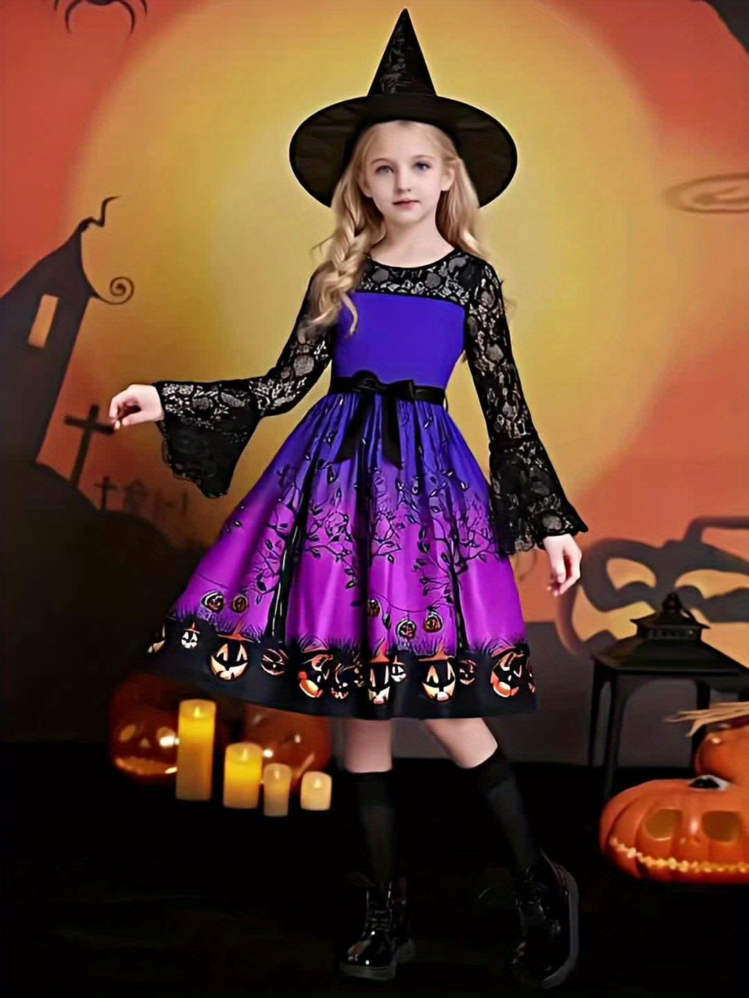 Girls' Autumn New Halloween Element Print Spliced Lace Long Sleeve + Drawstring Fashion Dress - The Best Choice for Halloween Gifts for Girls