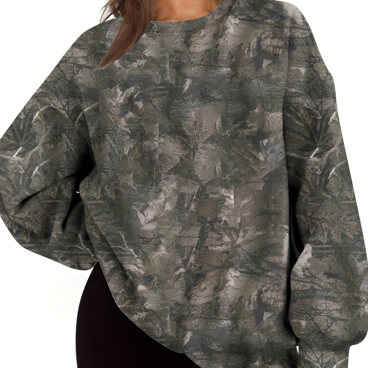 Women'S Oversized Camo Sweatshirt - Long Sleeve, Loose Fit, Green & Black Leaf Pattern, Casual Pullover with Ribbed Cuffs, All-Season Comfort, Casual Wear | Relaxed Fit Top | Construction, Sweater Hoodie