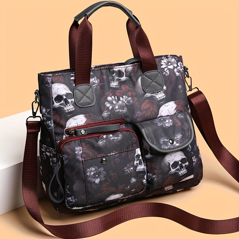 Perfect Lily Women's Punk Style Skull & Floral Print Crossbody Tote Bag - Red/Blue Nylon Multi-Pocket Handbag with Detachable Adjustable Shoulder Strap, Zipper Closure & Polyester Lining for Daily Commute, Work, Casual Outing