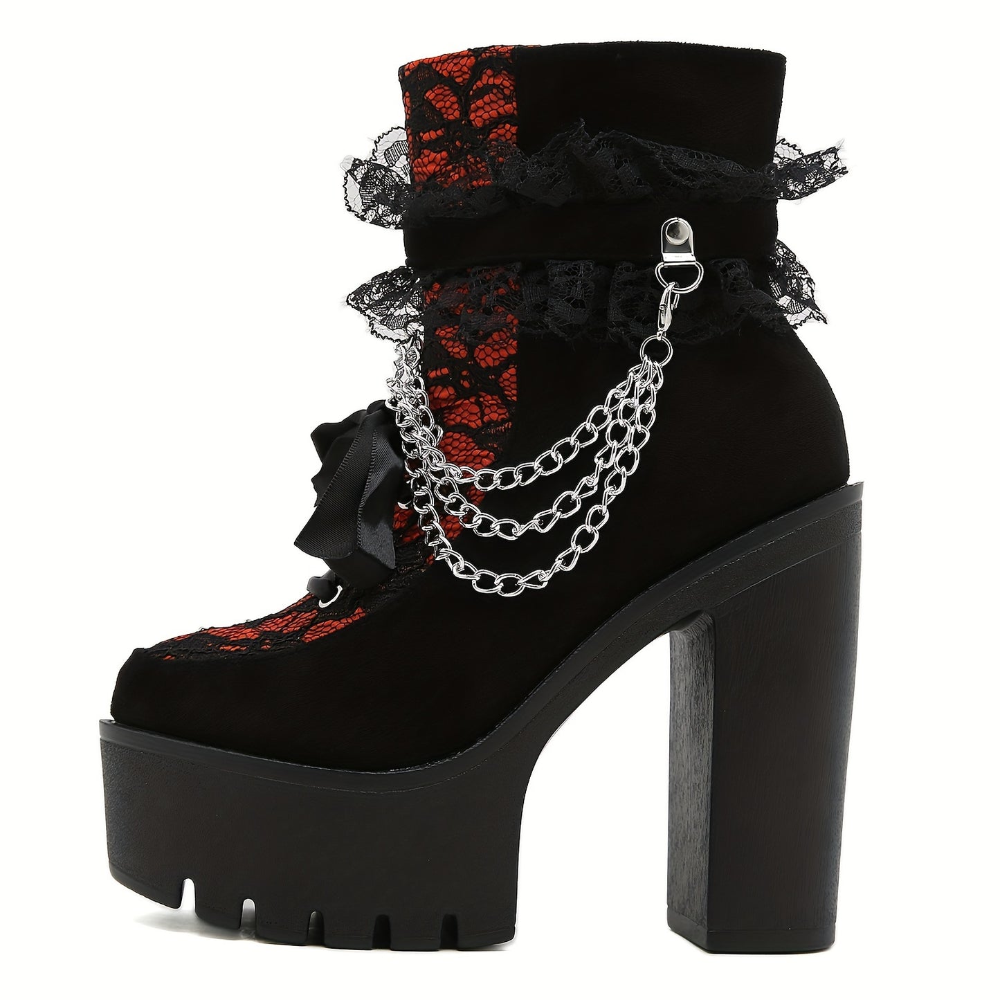 GDGYDH Vintage Gothic Lace Ankle Boots for Women - Chunky Heel, Side Zipper with Chain Detail, Round Toe, All-Season Compatibility, Black & Red Gradient