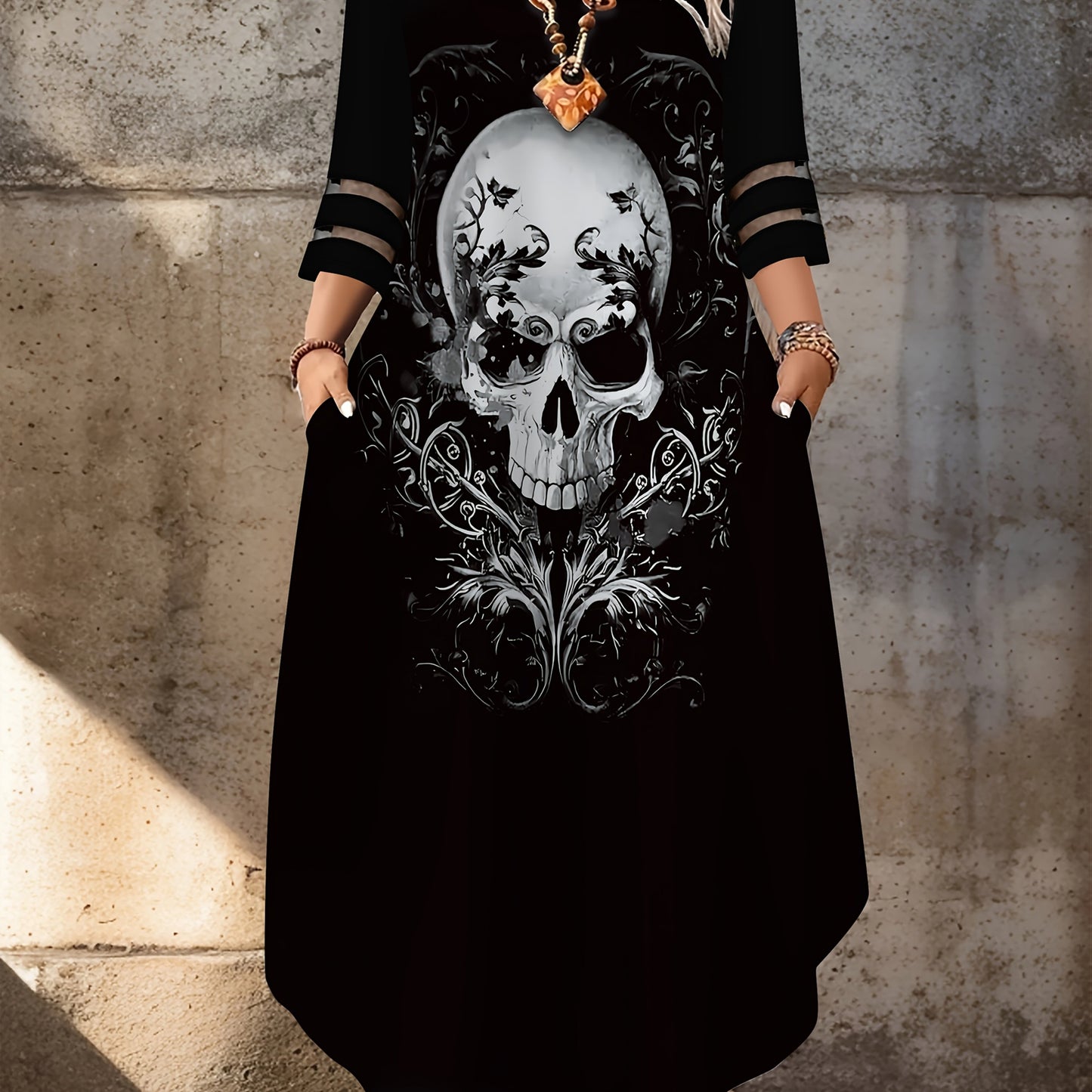Plus Size, Women's Elegant Gothic Black Dress - ThreeQuarter Sleeve Party & Everyday Outfit - Machine Washable Formal Attire for Women, Ladies Formal Dresses, Unique Skull Print, Floral Design