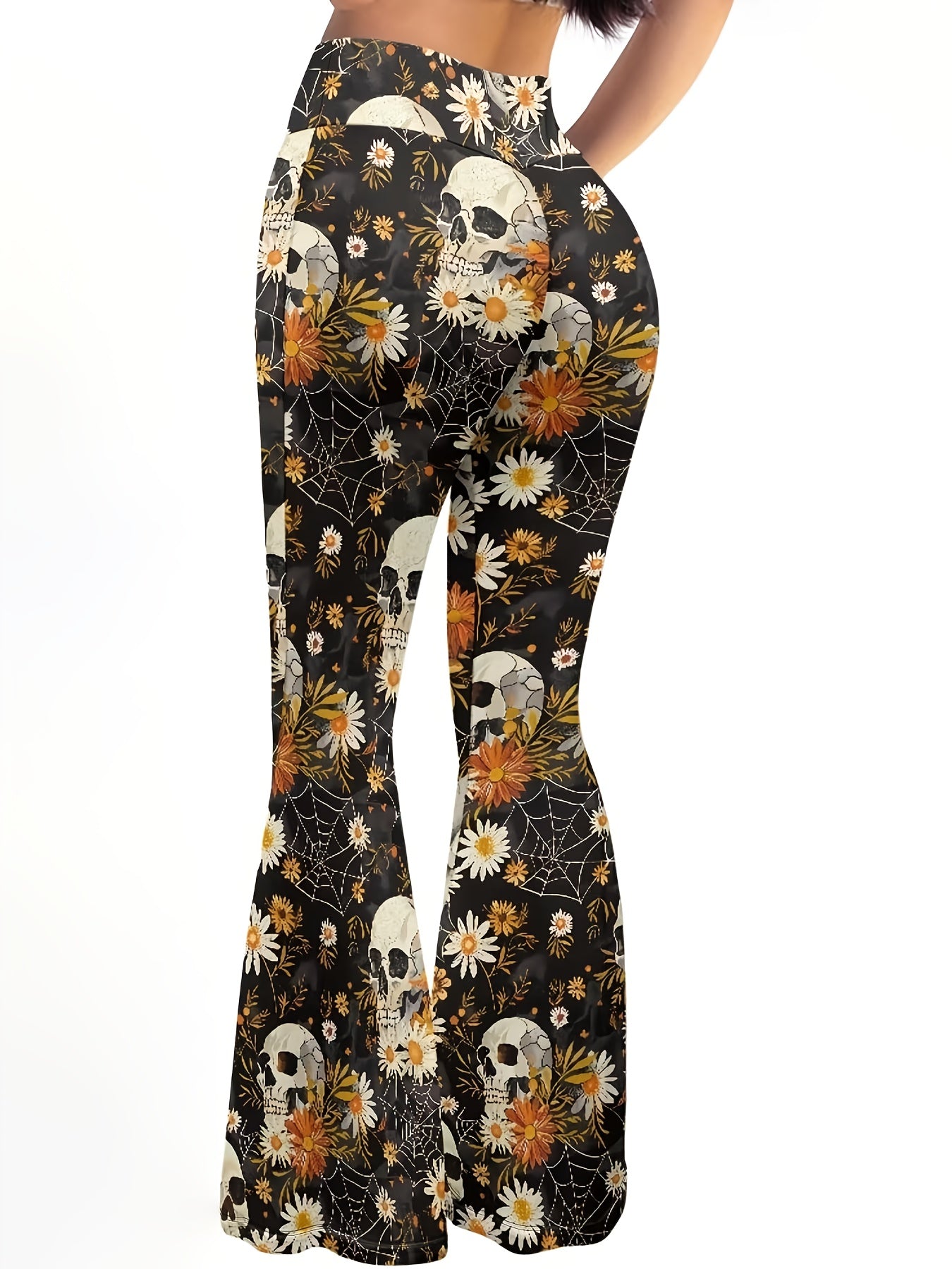 Women'S Gothic Floral pants - High-Waisted Stretchy Flare Leg Pants with Bell Bottoms, Black/Orange/White Floral Print - Edgy Y2K Outfit for Concerts, Parties, Casual Attire - All-Season Stretch Jeans, Party Attire, Comfortab