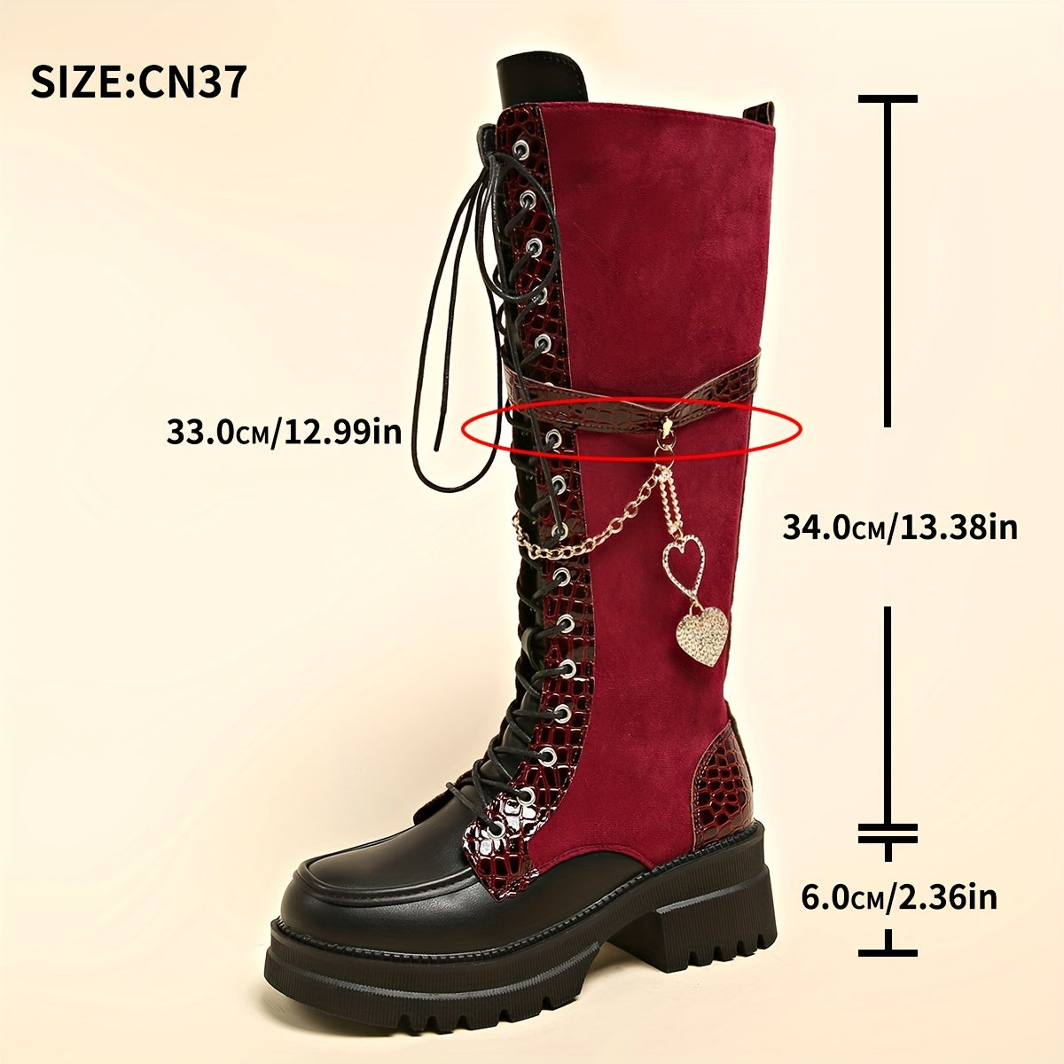 Women's Winter New Solid Color Patchwork Lace-Up Heart Metal Chain Side Zipper Chunky Heel Knee-High Boots, Fashionable Versatile Casual High-Heeled Ankle Boot