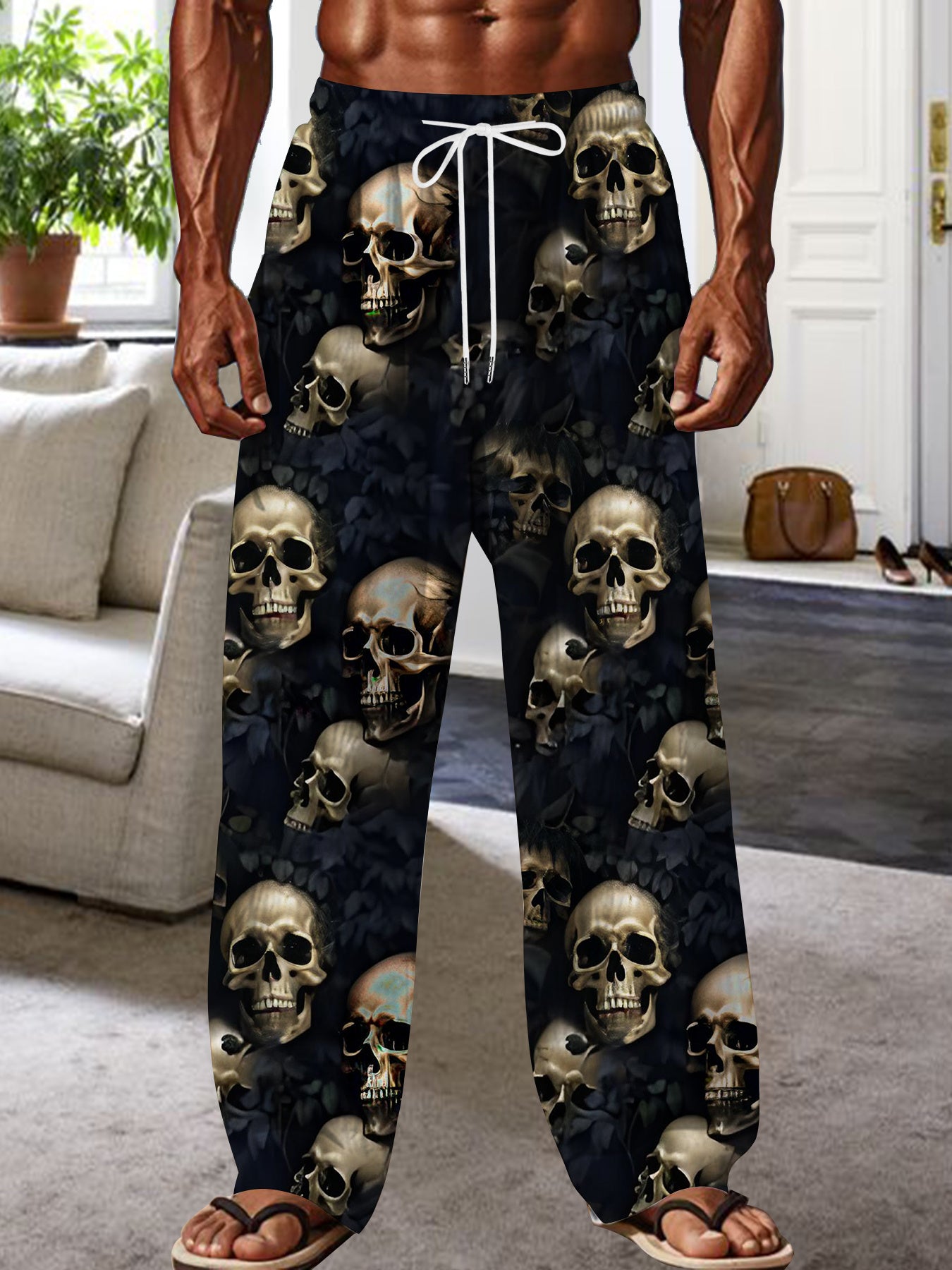 [Skull Print Joggers] Black Golden Skulls Men's Loose Fit Joggers | Comfortable Retro Style, Straight Leg, Drawstring Waist, Casual, Fall & Winter Comfort Wear