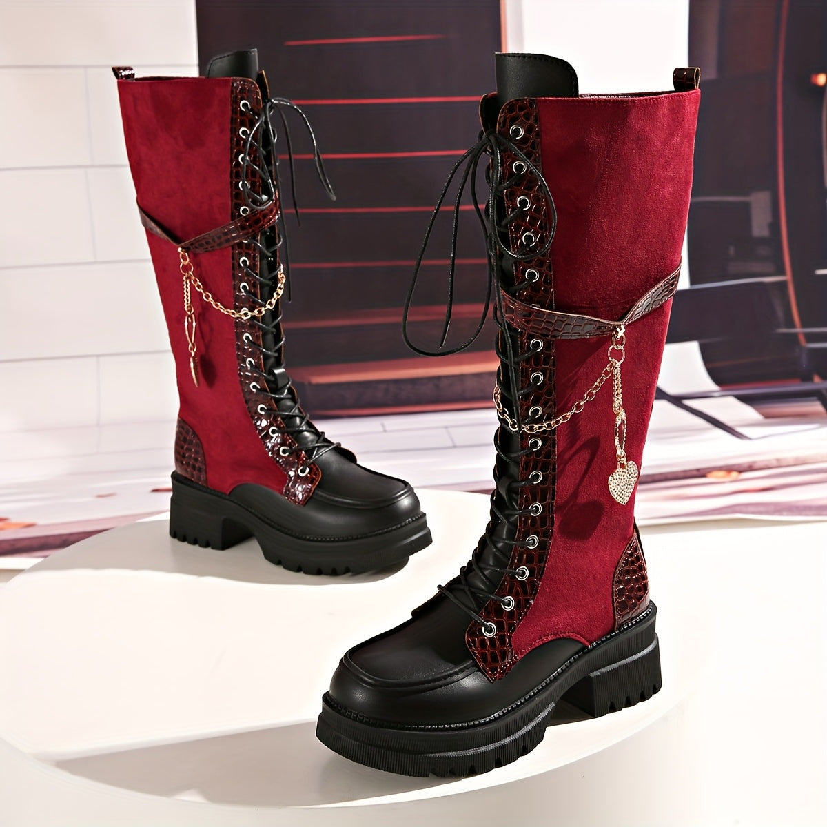 Women's Winter New Solid Color Patchwork Lace-Up Heart Metal Chain Side Zipper Chunky Heel Knee-High Boots, Fashionable Versatile Casual High-Heeled Ankle Boot