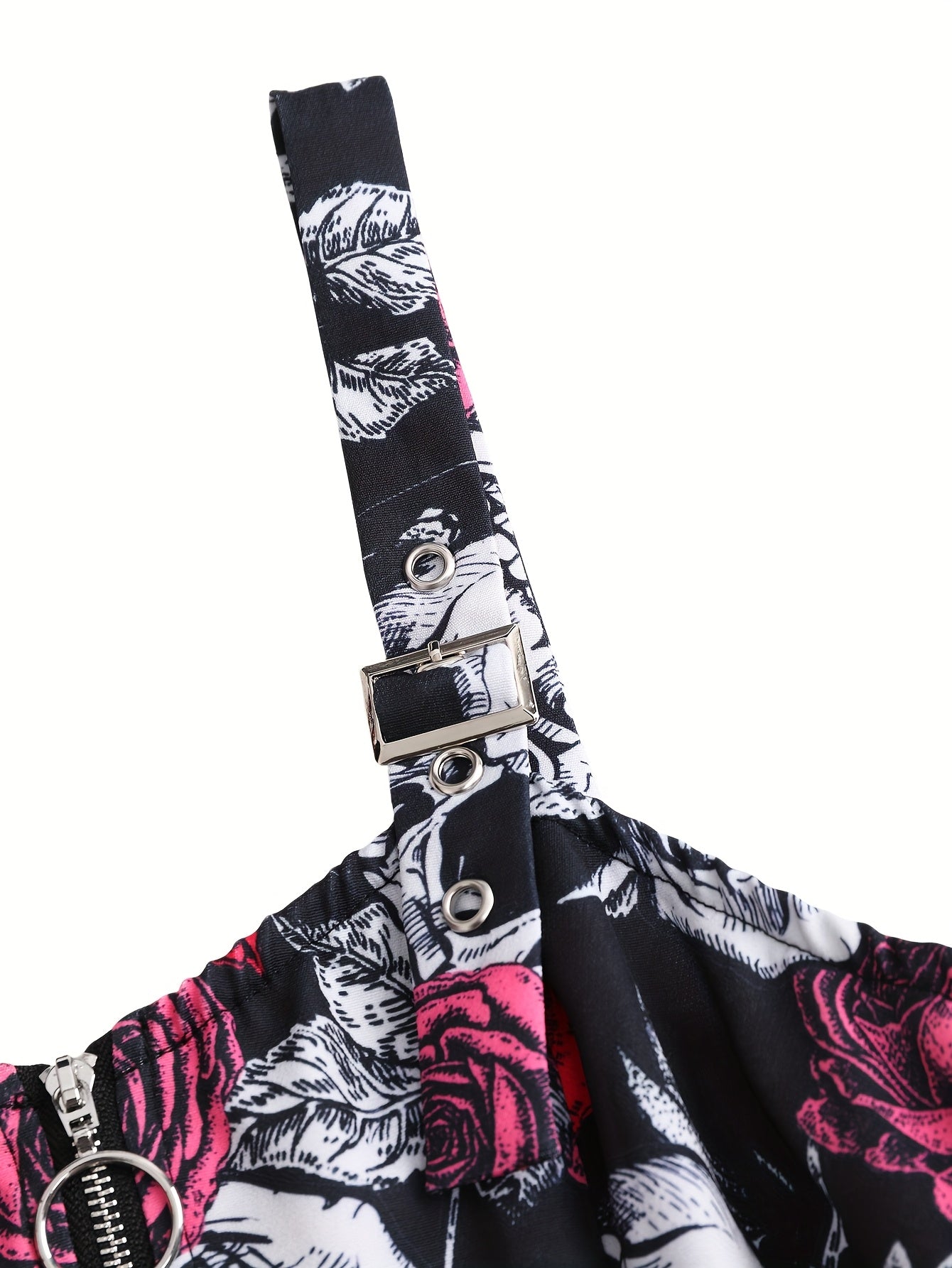 [Rose Skull Print Dress] Women's Off-Shoulder Rose & Skull Print Dress | Casual Short Sleeve Zipper Adjustable Black Straps | Machine Washable All-Season Party & Casual Attire, Nontransparent Fabric
