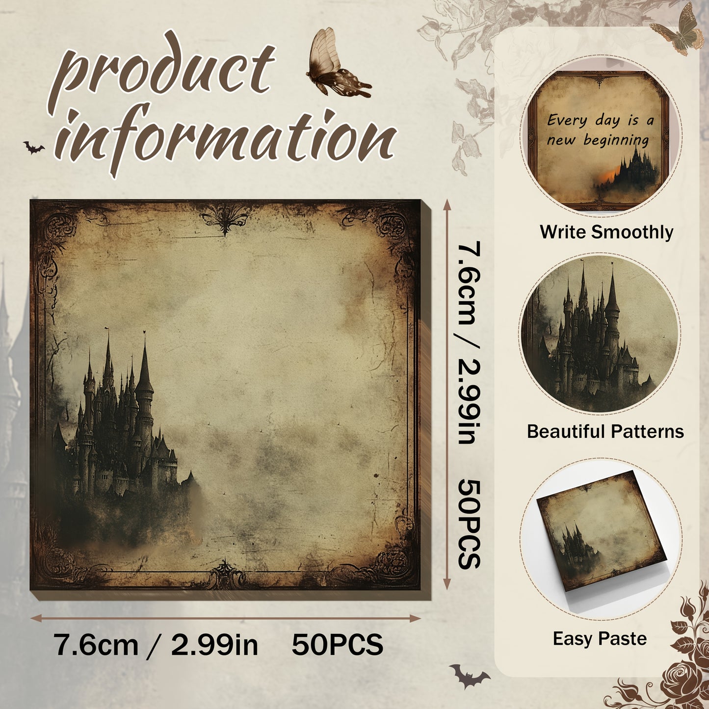 [Gothic Sticky Notes] 9pcs Gothic Sticky Notes | 3x3 Inch Spooky Design Pads with Skulls, Roses, Castles, Candles & Ravens, 450 Sheets Creepy Gothic Style Note Pads for School, Office, or Gifts for Friends, Gothic Home Decor