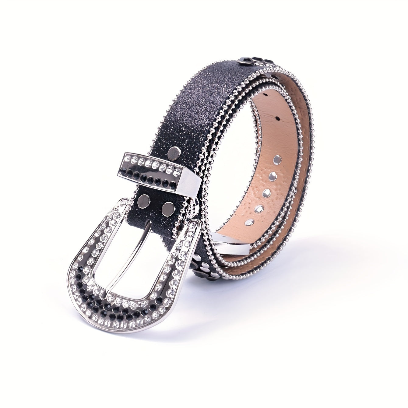 YIQIFEFA Punk Rhinestone & Stud Skull Belt for Women - Sparkling Black PU Western Cowboy Style Belt with Metallic Accents, Casual Outing to Party Accessory, Evening Accessory, Edgy Fashion Accessory, Stylish Craftsmanship, Al