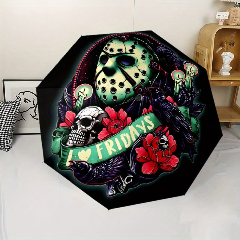 Jason Voorhees Inspired Automatic Folding Umbrella - Horror Movie Design with Jason, Friday the 13th, Halloween - Compact Travel Umbrella, Durable 8-Rib Shaft, Automatic Open/Close, Perfect Gift for Horror Fans & Jason Voorhe
