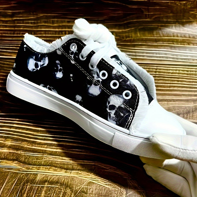Women'S Halloween Skull Print Shoes, Casual Lace Up Outdoor Shoes, Lightweight Low Top Sneakers Plus Size