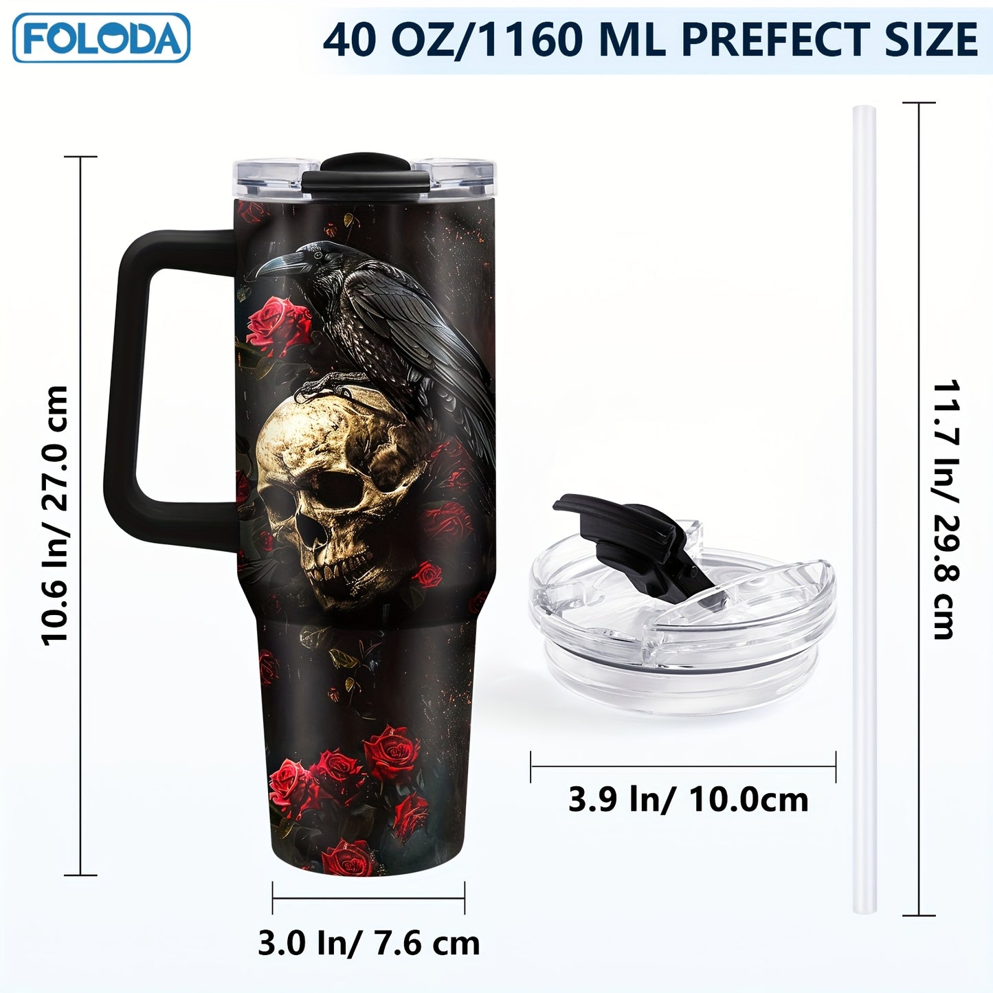 [Cool Skull Tumbler] Foloda 1pc Stainless Steel 40oz Tumbler with Lid Handle Straw, Cool Skull Raven, Gothic Skull Coffee Mug, Travel Cup, Birthday Gifts for Skeleton Lovers, Horror Lovers Christmas Gifts for Halloween Gift O