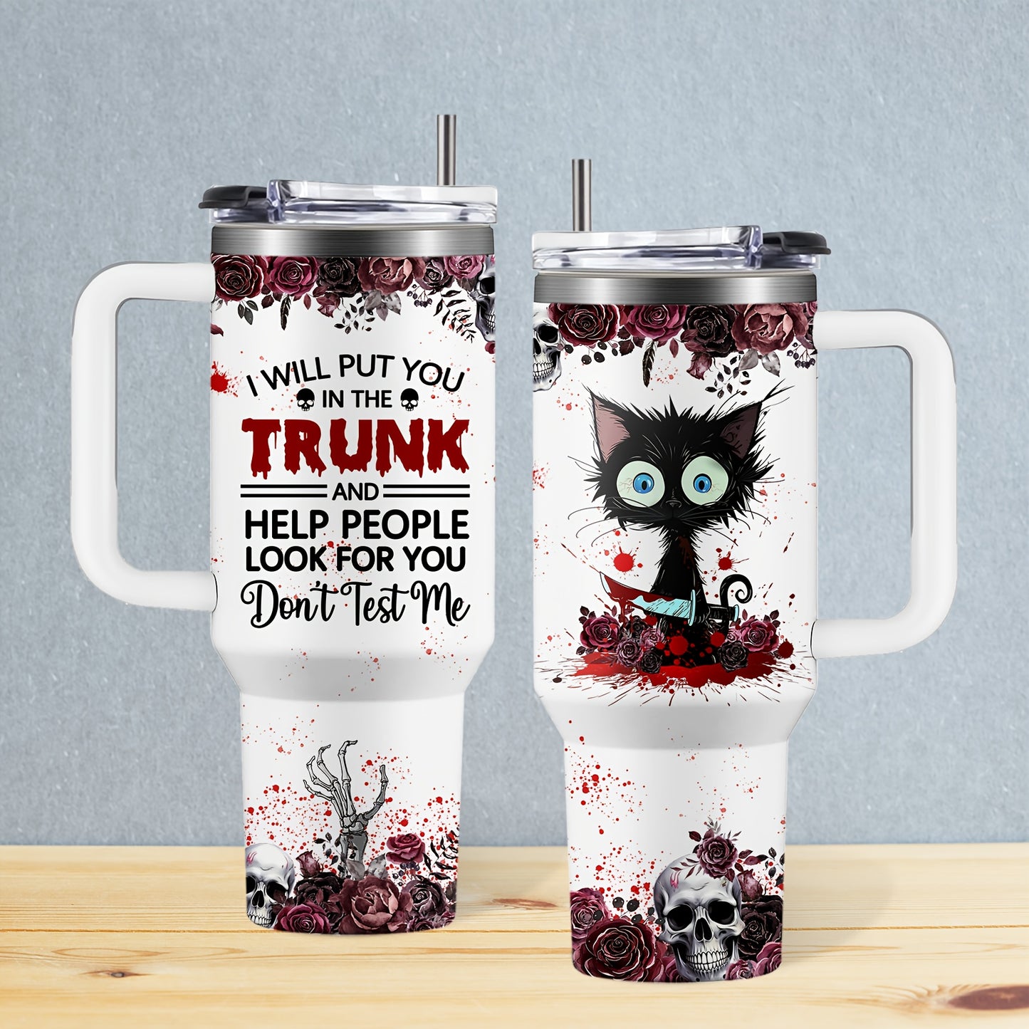 1pc Horror Cat Coffee Mug, Halloween Stainless Steel Insulated Cups 40oz, Halloween Cat Cups with Lids And Straws, Halloween Coffee Cups, Large Capacity Coffee Cup, Stainless Steel Insulated Cup with Handle, Horror Cat Cup, W