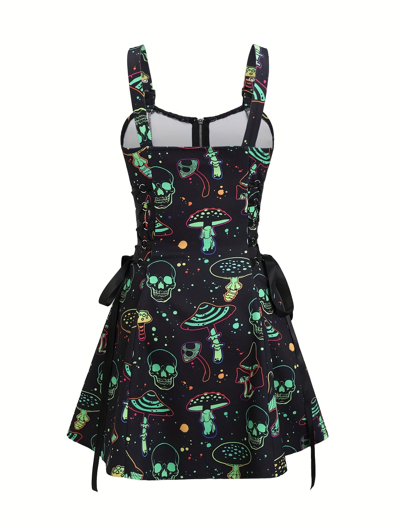 Women'S Casual Skull and Mushroom Print Zipper Dress with Strapless Collar and Tie Detail, 100% Polyester, All-Season Slip, Woven Fabric, 190 g/m² - Perfect for Adult