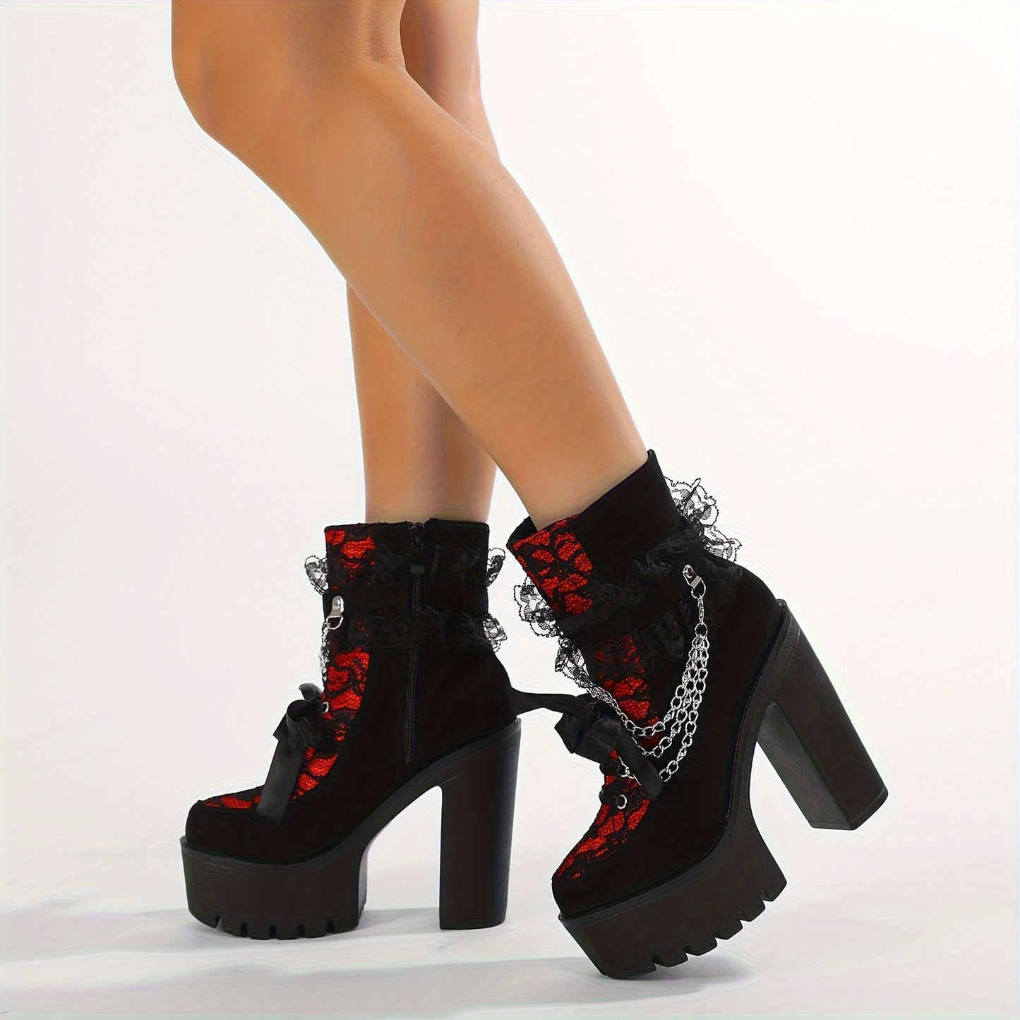 GDGYDH Vintage Gothic Lace Ankle Boots for Women - Chunky Heel, Side Zipper with Chain Detail, Round Toe, All-Season Compatibility, Black & Red Gradient