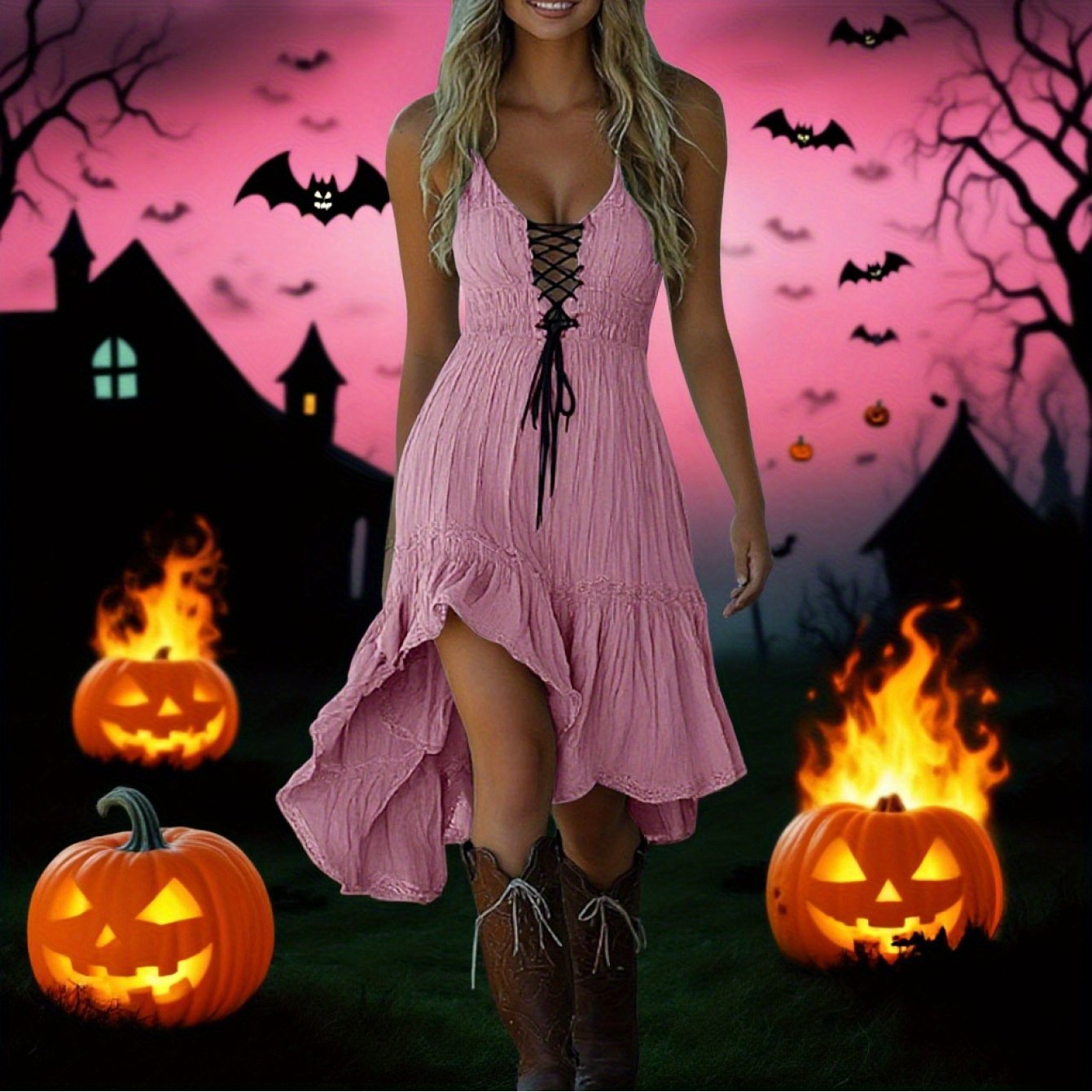 MSGWEEEG Women'S Halloween Dress - Vintage Cowgirl Midi Dress, Mustard Yellow party Outfit, Sleeveless Ruffled Hem, Easy-to-Wear Halloween Costume for Women, Halloween Party Attire, Festive Attire, Western Style, Comfortable