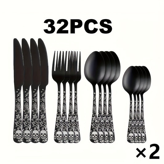 16/24pcs Gothic Design Cutlery Service for 4/6/8, Premium Stainless Steel Flatware Includes Spoon Fork And Knife, Cool Silverware with Skull&Rose Pattern, Nice Gift for Dark&Rock Lover/Halloween/Day of The Dead/Cinco De Mayo/