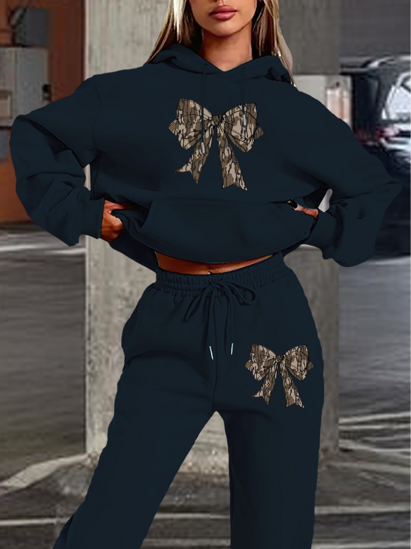 2024 Women's Navy Blue Hoodie & Jogger Set with Camo Bow Detail - Casual Long Sleeve, 100% Polyester Outfit, Machine Washable, Perfect for Fall/Winter
