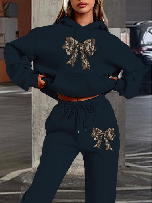 2024 Women's Navy Blue Hoodie & Jogger Set with Camo Bow Detail - Casual Long Sleeve, 100% Polyester Outfit, Machine Washable, Perfect for Fall/Winter