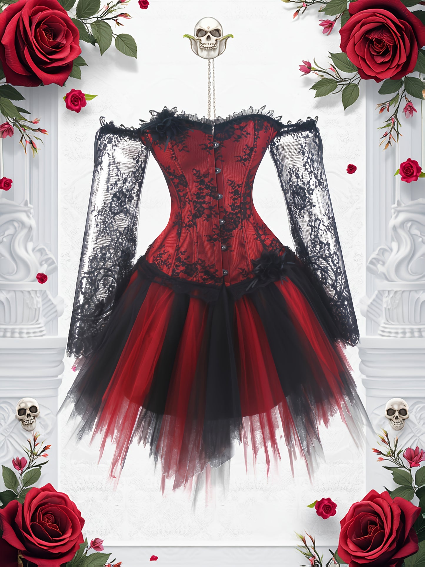 [Halloween Costume Set] Halloween Vampire Witch Costume Set, Dark Gothic Victorian Style Lace Long Sleeve Corset + Black Lolita Style TUTU Skirt, Day of the Dead Party Outfit