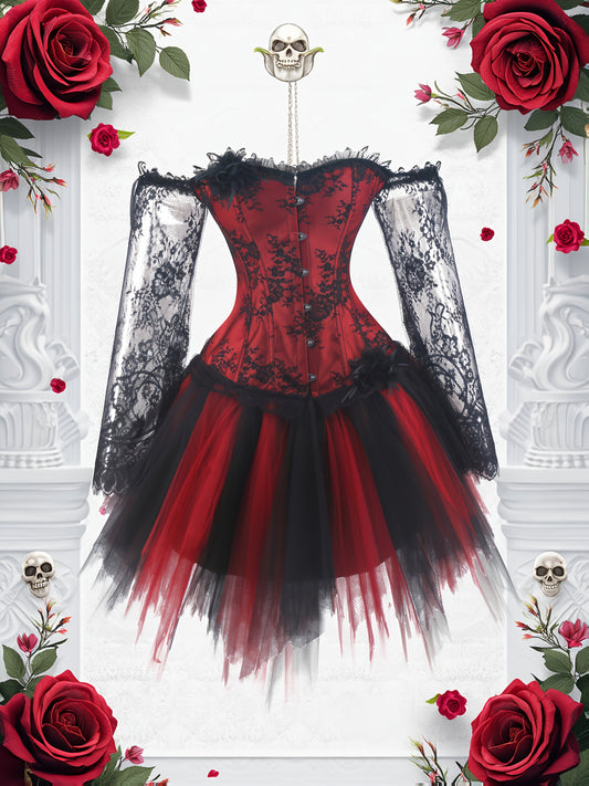 [Halloween Costume Set] Halloween Vampire Witch Costume Set, Dark Gothic Victorian Style Lace Long Sleeve Corset + Black Lolita Style TUTU Skirt, Day of the Dead Party Outfit