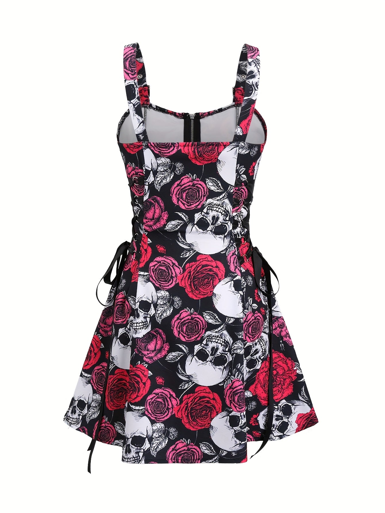 [Rose Skull Print Dress] Women's Off-Shoulder Rose & Skull Print Dress | Casual Short Sleeve Zipper Adjustable Black Straps | Machine Washable All-Season Party & Casual Attire, Nontransparent Fabric