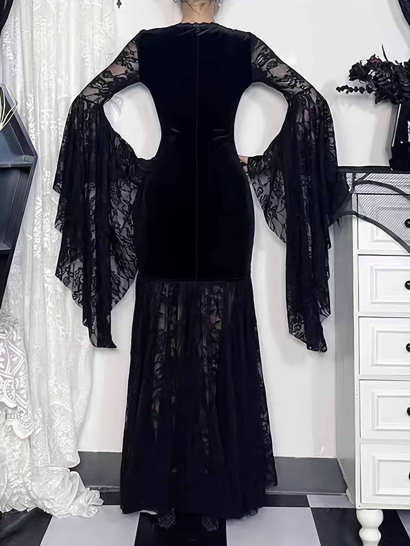 Women's Gothic Dark Halloween Long Dress with Contrast Lace and Velvet Patchwork, Sexy Niche Flared Sleeve Unique Design